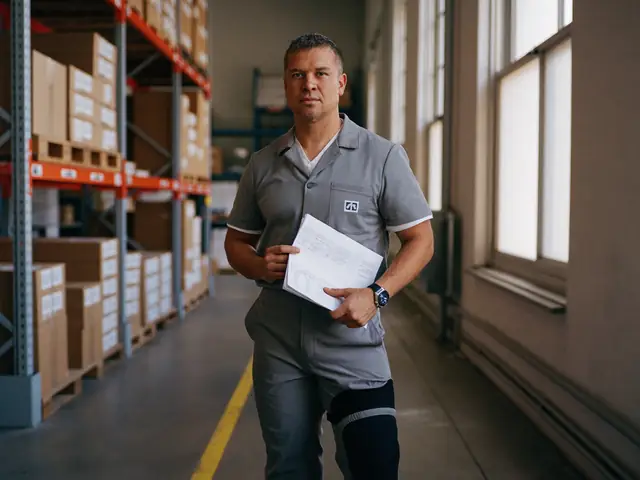 Trabalhador de armazém com joelheira segurando um documento