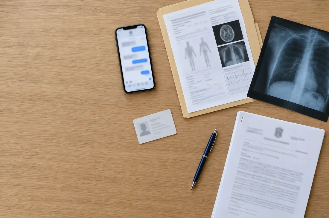 Mesa com celular, pasta de exames, raio-x, documento de identidade e boletim de ocorrência