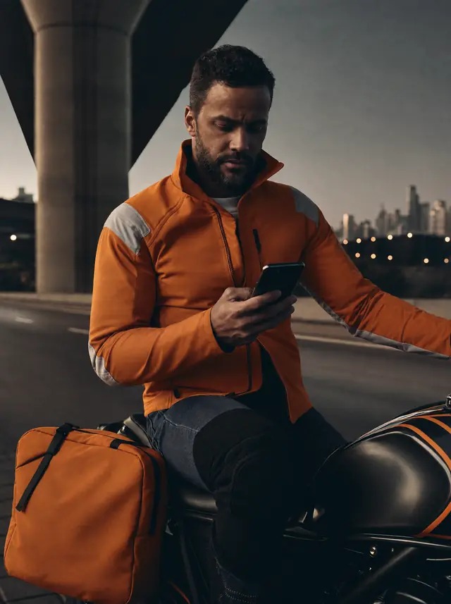 Entregador de jaqueta laranja olhando o celular, sentado na moto